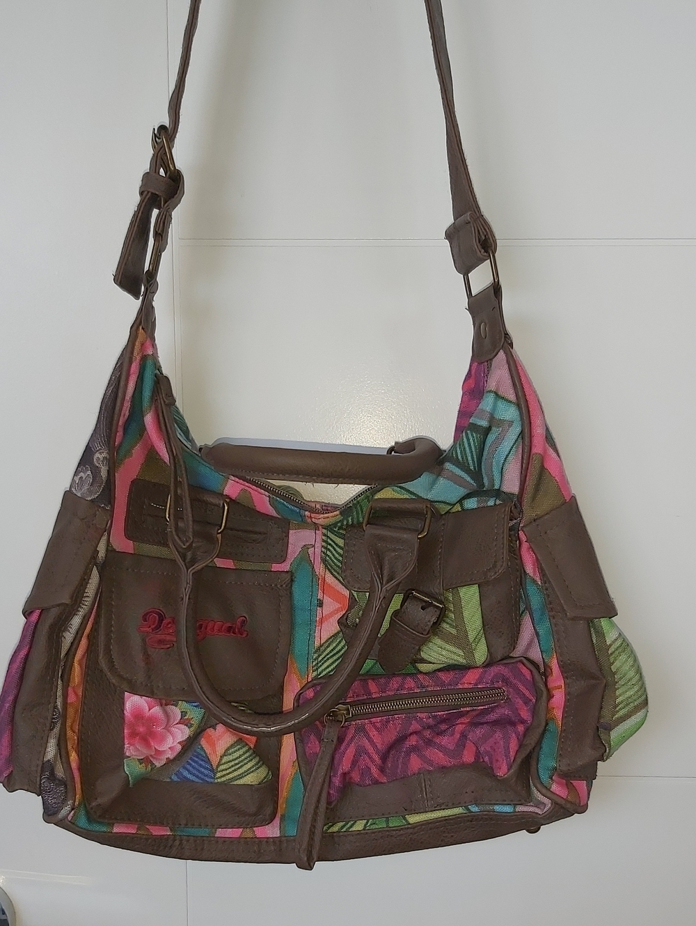 Desigual Brown & Multicolor Patchwork Floral Shoulder Bag